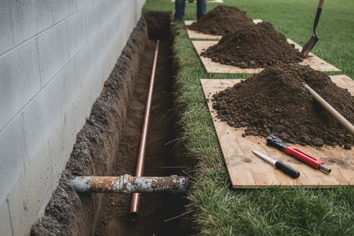 Excavated water line trench during Water Softener Installation in Yutan